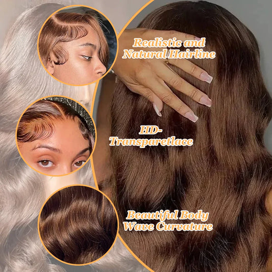 Body Wave 13x6 HD Transparent Lace Frontal Wig 36 Inch 220% Density #4 Chocolate Brown Real Brazilian Human Hair Wigs For Women