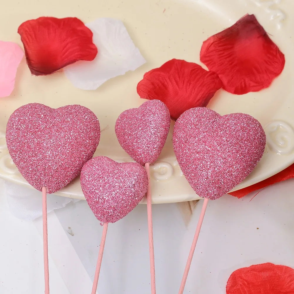 Glitter Foam Hearts Picks Stick Valentine's Day Flower Bouquet Home Vase Pick Wedding Cake Topper Decor Bouquet Glitter Ornament