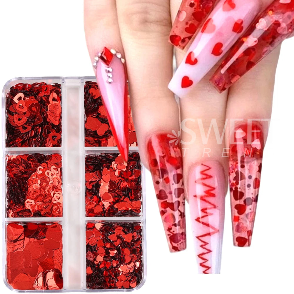 Red Love Heart Nail Glitter Sequin Mix Holographic Heart Shape 3D Nail Sequins Flakes Paillette Valentine's Day Manicure Decor