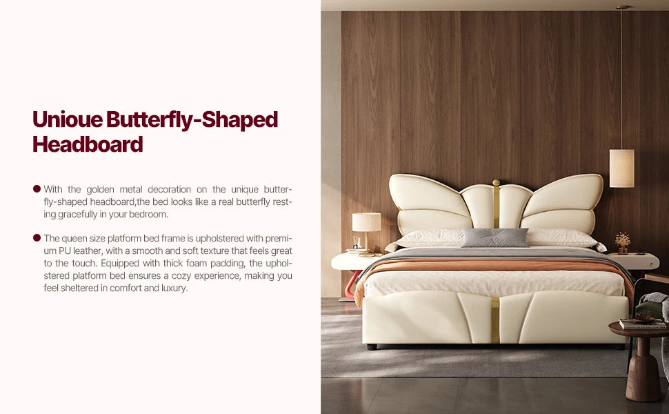 Queen Size Upholstered PU Leather Bed Frame with Butterfly HeadboardandFootboard, Modern Platform Bed with Gold Metal Accents, W