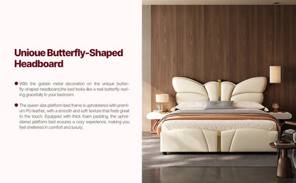 Queen Size Upholstered PU Leather Bed Frame with Butterfly HeadboardandFootboard, Modern Platform Bed with Gold Metal Accents, W