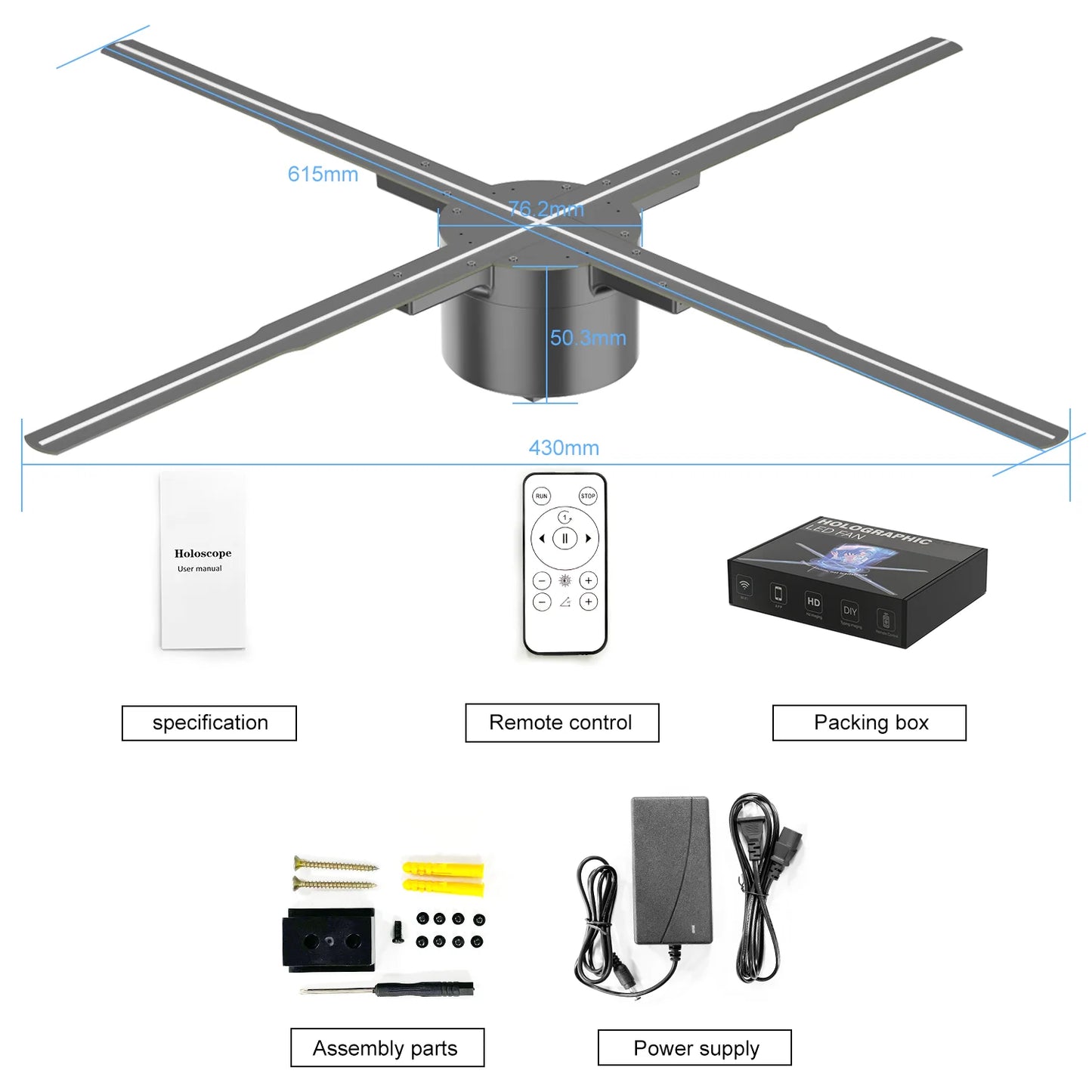 3d Hologram Fan,24.4" 2000*1444px Resolution 722 Pcs Hd Led Beads Hologram Fan Projector Advertising Display Support App+Bluetoo