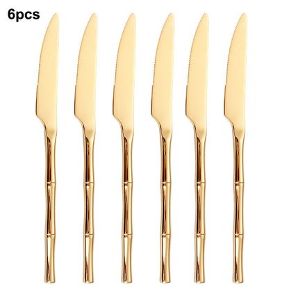 6/24/30Pcs Stainless Steel 304 Tableware Gold Cutlery Set Western Bamboo Shaped Handle Knife Fork Spoon Mirror Dinner Set