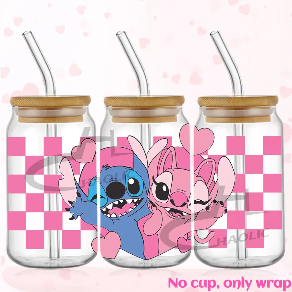 Valentine's Day Stitch 16oz UV DTF Cup Wrap Libbey Glass Can Tumbler UV Wrap Transfer Sticker Waterproof Adhesive Without Cup