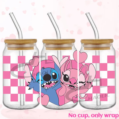 Valentine's Day Stitch 16oz UV DTF Cup Wrap Libbey Glass Can Tumbler UV Wrap Transfer Sticker Waterproof Adhesive Without Cup