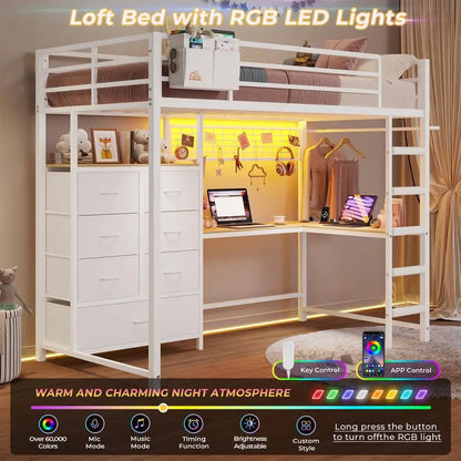 Twin Size Loft Bed with LShaped Desk and 7 Storage Drawers,Metal Twin Loft Bed for Kids with LED Lights and Charging Station,13.