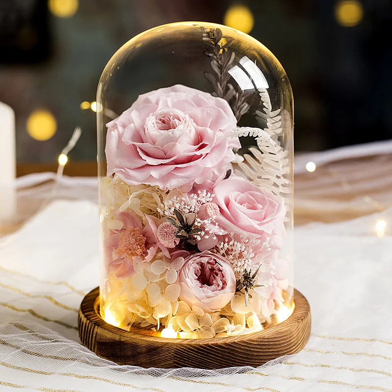 Eternal Flowers Preserved Rose In Glass Dome Cover Artificial Flower with Light Valentine's Day Christmas for Women Gift Box