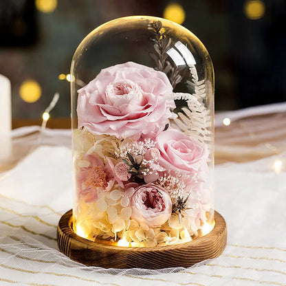 Eternal Flowers Preserved Rose In Glass Dome Cover Artificial Flower with Light Valentine's Day Christmas for Women Gift Box