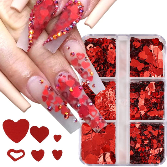 Red Love Heart Nail Glitter Sequin Mix Holographic Heart Shape 3D Nail Sequins Flakes Paillette Valentine's Day Manicure Decor