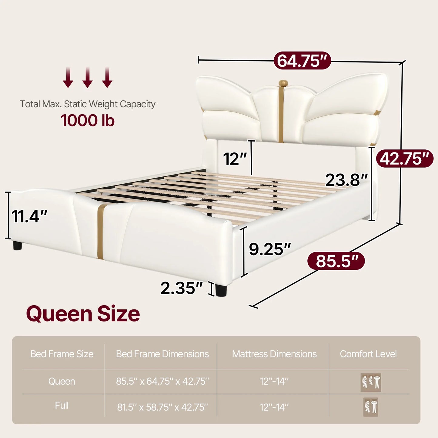 Queen Size Upholstered PU Leather Bed Frame with Butterfly HeadboardandFootboard, Modern Platform Bed with Gold Metal Accents, W