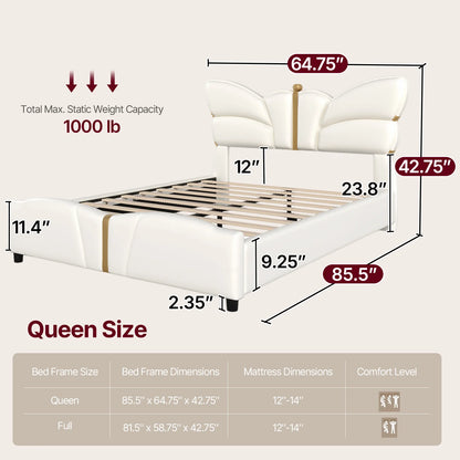 Queen Size Upholstered PU Leather Bed Frame with Butterfly HeadboardandFootboard, Modern Platform Bed with Gold Metal Accents, W
