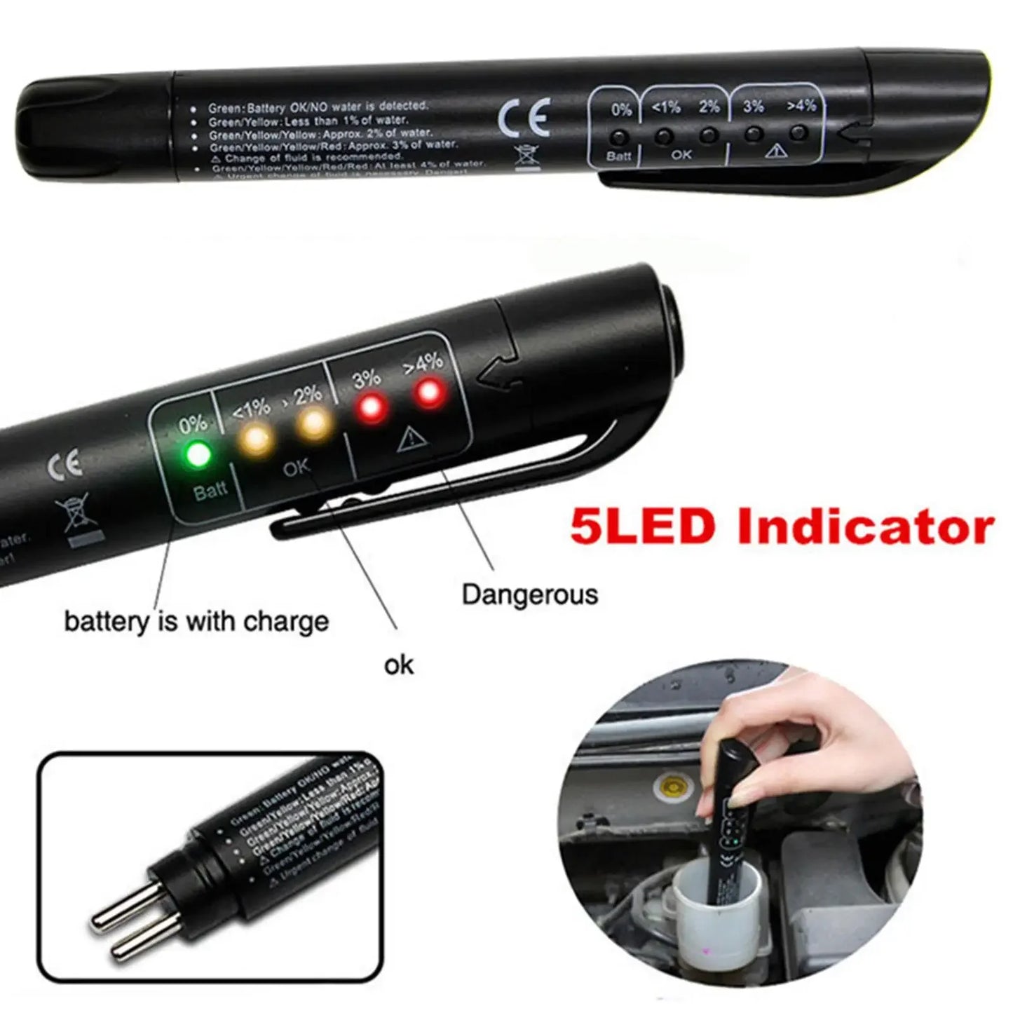 Car Brake Diagnostic Testing Tool Brake Fluid Tester Pen with 5 LED Indicators Hydraulic Fluid Liquid Oil Moisture Analyzer