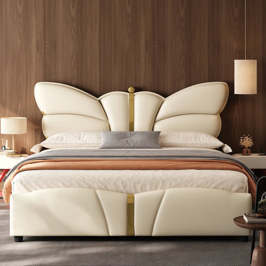 Queen Size Upholstered PU Leather Bed Frame with Butterfly HeadboardandFootboard, Modern Platform Bed with Gold Metal Accents, W