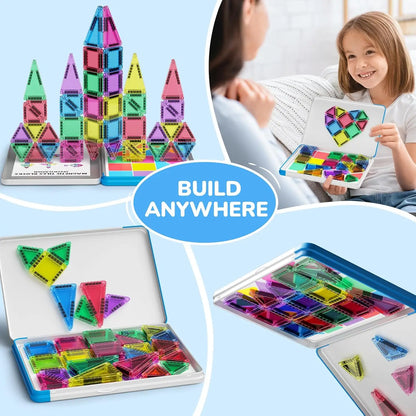Mini Magnetic Tiles With Metal Storage Box Magnetic Building Blocks Kids Games Portable Montessori Education Toys For New Year