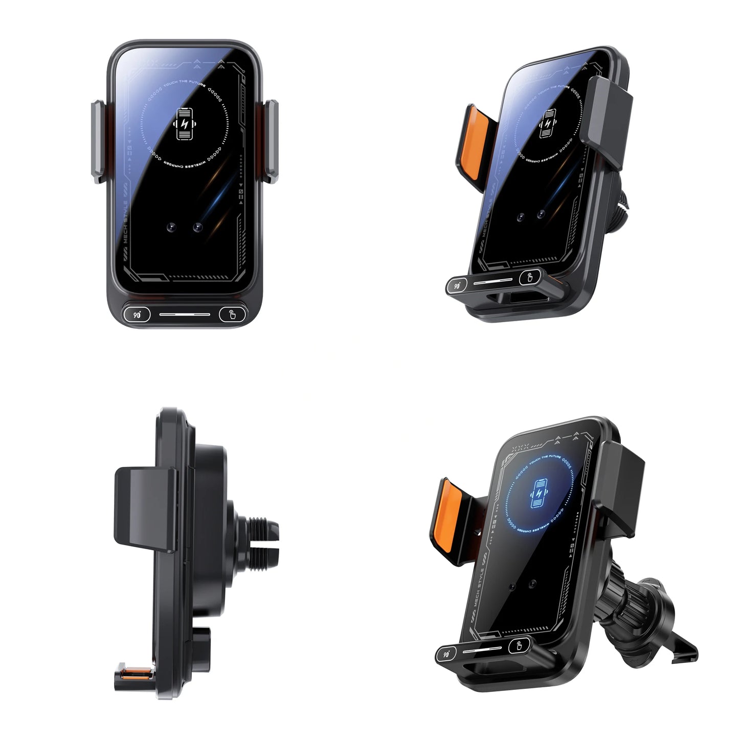 Smart Sensing Car Phone Holder 15W Qi Wireless Charging Motorized Rotation One-Touch Release & Clamping Rotatable Cable Port