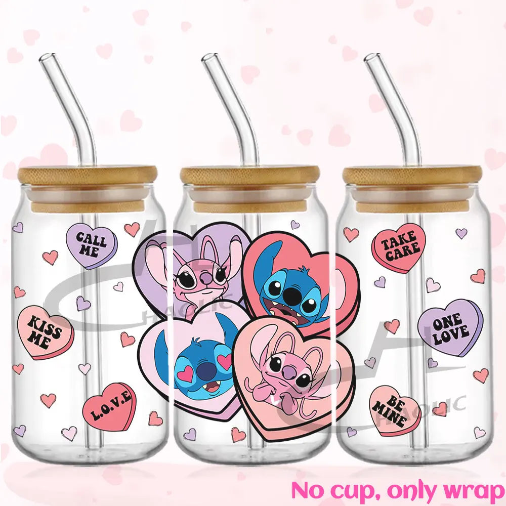 Valentine's Day Stitch 16oz UV DTF Cup Wrap Libbey Glass Can Tumbler UV Wrap Transfer Sticker Waterproof Adhesive Without Cup