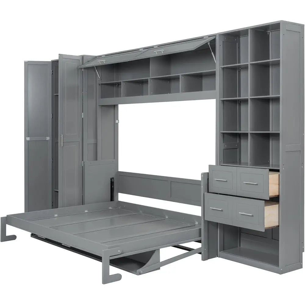 Grey Queen-Size Horizontal Murphy Bed with Desk, Storage Wardrobe, Drawers, and Shelves for Bedroom or Office