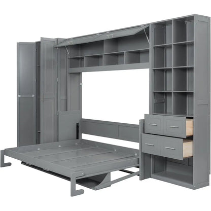 Grey Queen-Size Horizontal Murphy Bed with Desk, Storage Wardrobe, Drawers, and Shelves for Bedroom or Office