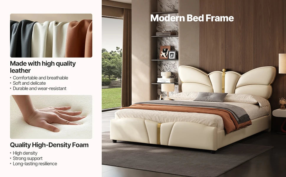 Queen Size Upholstered PU Leather Bed Frame with Butterfly HeadboardandFootboard, Modern Platform Bed with Gold Metal Accents, W