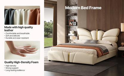 Queen Size Upholstered PU Leather Bed Frame with Butterfly HeadboardandFootboard, Modern Platform Bed with Gold Metal Accents, W