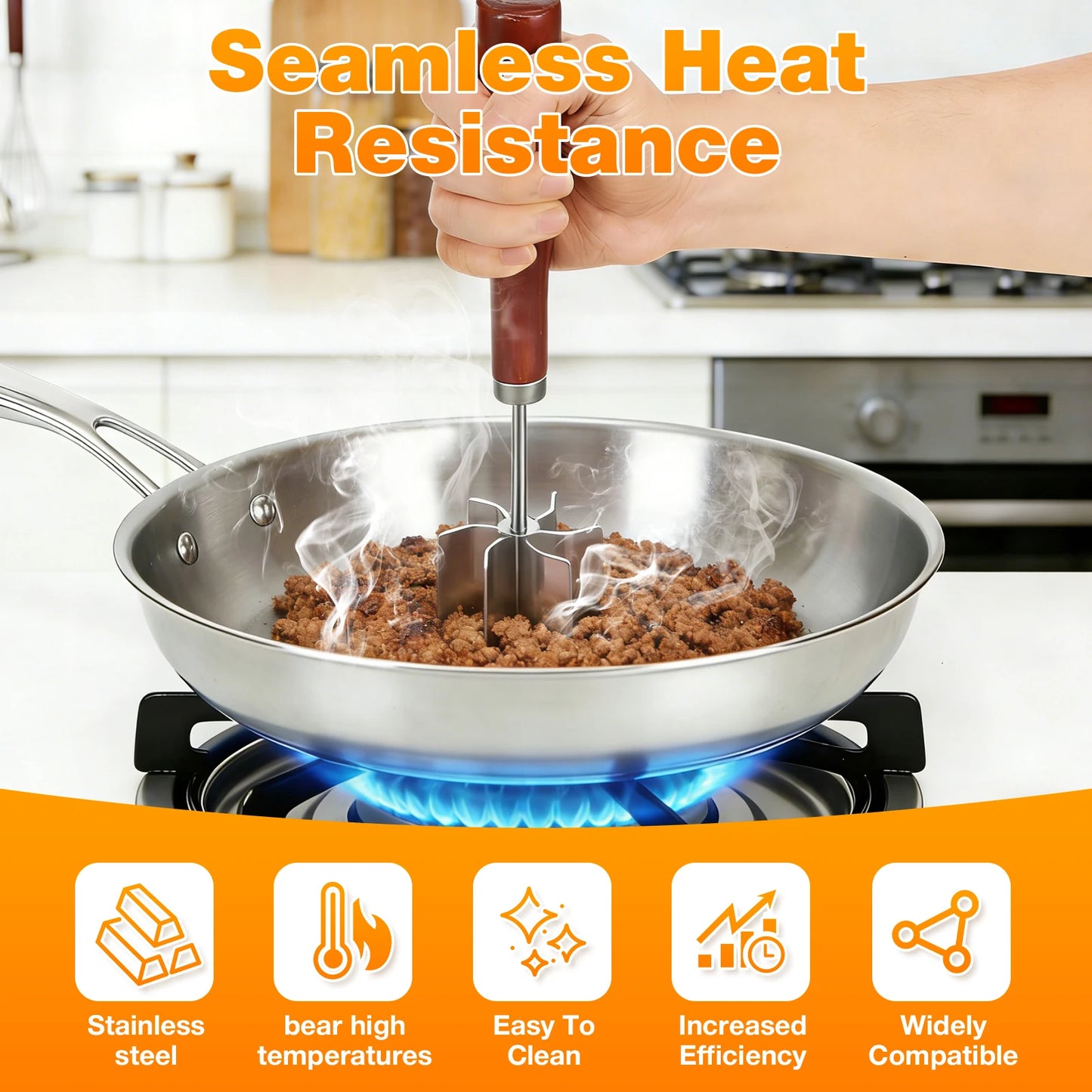 Stainless Steel Meat Chopper Masher Heavy Duty 6 Curve Blades Ground Beef Chopper Tool with Wooden Handle Heat Resistant Meat