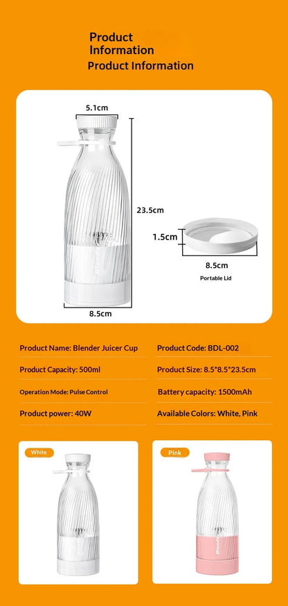 Portable Mini Juicer USB Rechargeable 6 Blades Handheld Fruit Blender Multifunctional Juice Maker for Smoothie Milkshake