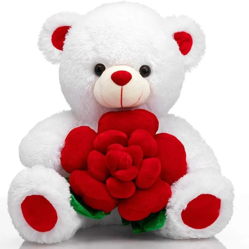 Valentines Day Bear Holding Rose Plush Toy Stuffed Animal Birthday Present for Girlfriend Wife Romantic Keepsake Home Decor Doll