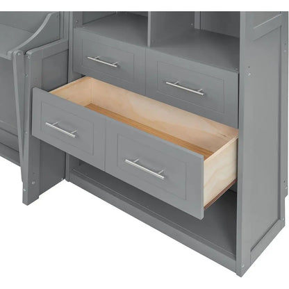 Grey Queen-Size Horizontal Murphy Bed with Desk, Storage Wardrobe, Drawers, and Shelves for Bedroom or Office