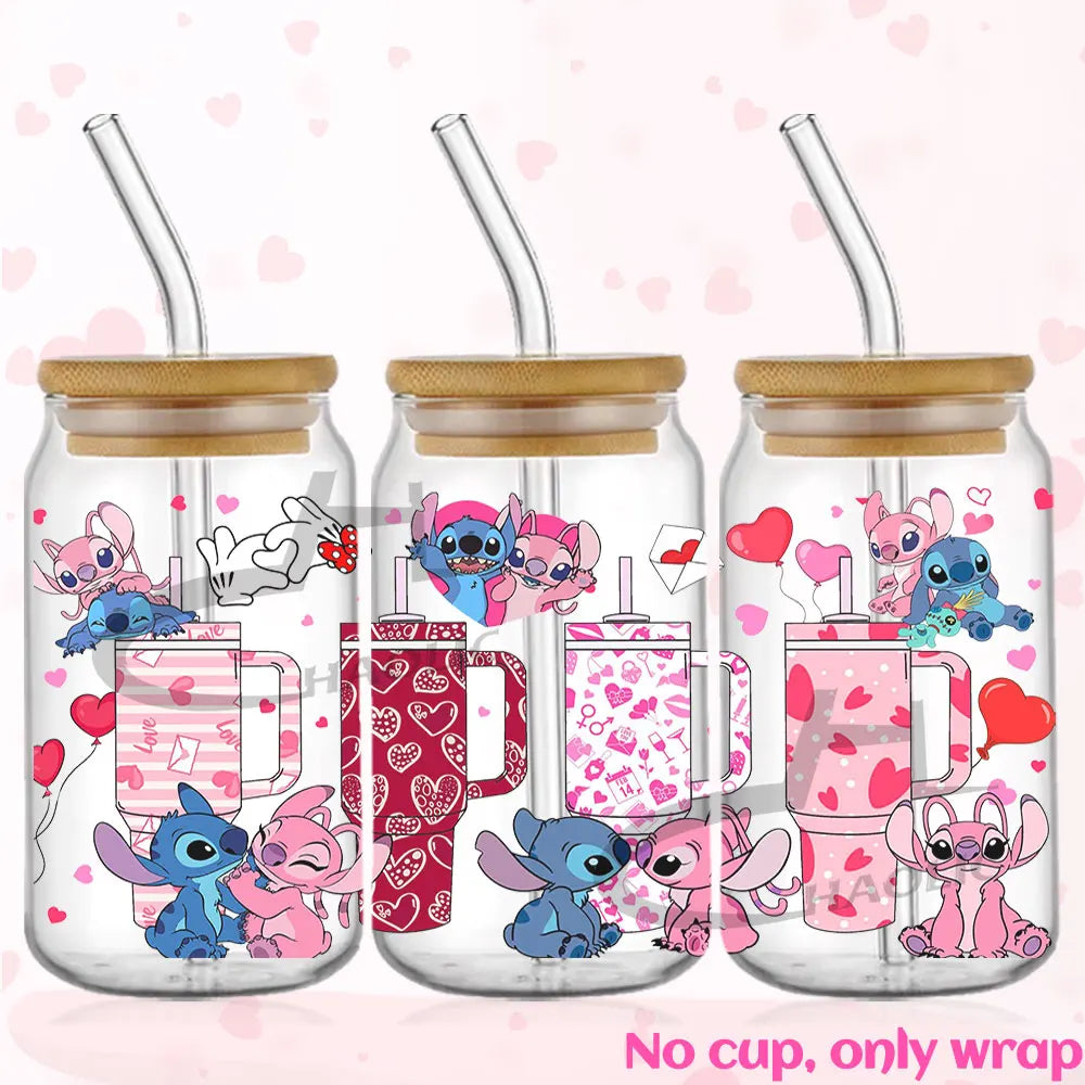 Valentine's Day Stitch 16oz UV DTF Cup Wrap Libbey Glass Can Tumbler UV Wrap Transfer Sticker Waterproof Adhesive Without Cup