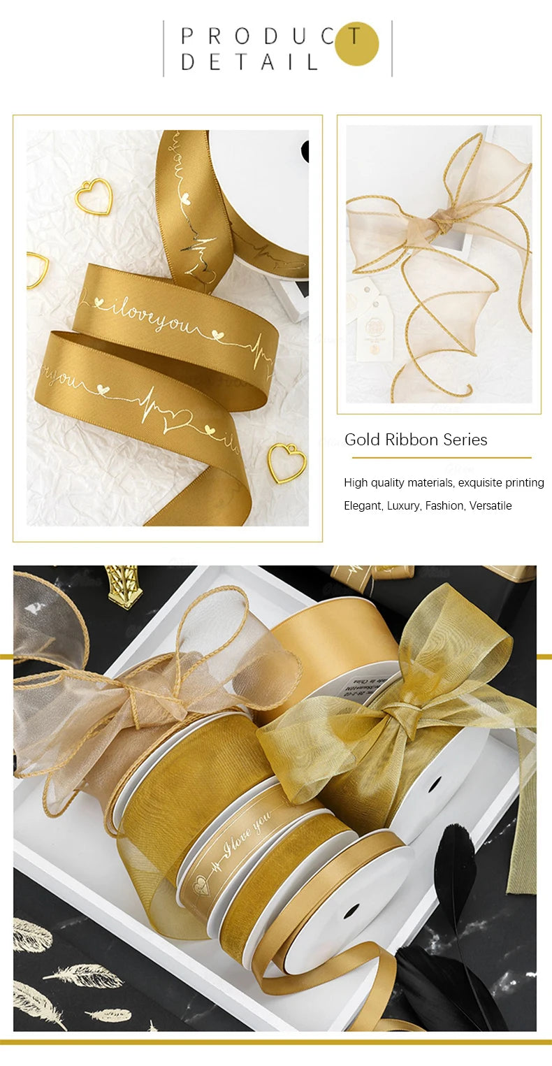 Gold Series Ribbon Birthday Happy Cake Baking Gift Decoration Flower Bundle Packaging Valentine's Day Wedding Party