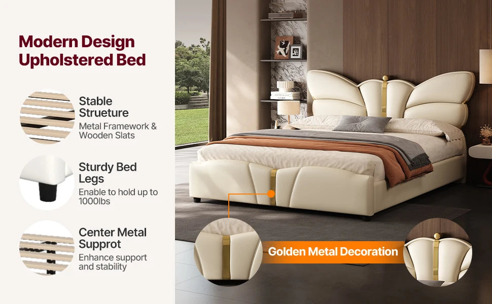 Queen Size Upholstered PU Leather Bed Frame with Butterfly HeadboardandFootboard, Modern Platform Bed with Gold Metal Accents, W
