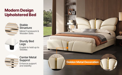 Queen Size Upholstered PU Leather Bed Frame with Butterfly HeadboardandFootboard, Modern Platform Bed with Gold Metal Accents, W