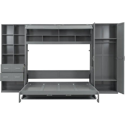 Grey Queen-Size Horizontal Murphy Bed with Desk, Storage Wardrobe, Drawers, and Shelves for Bedroom or Office