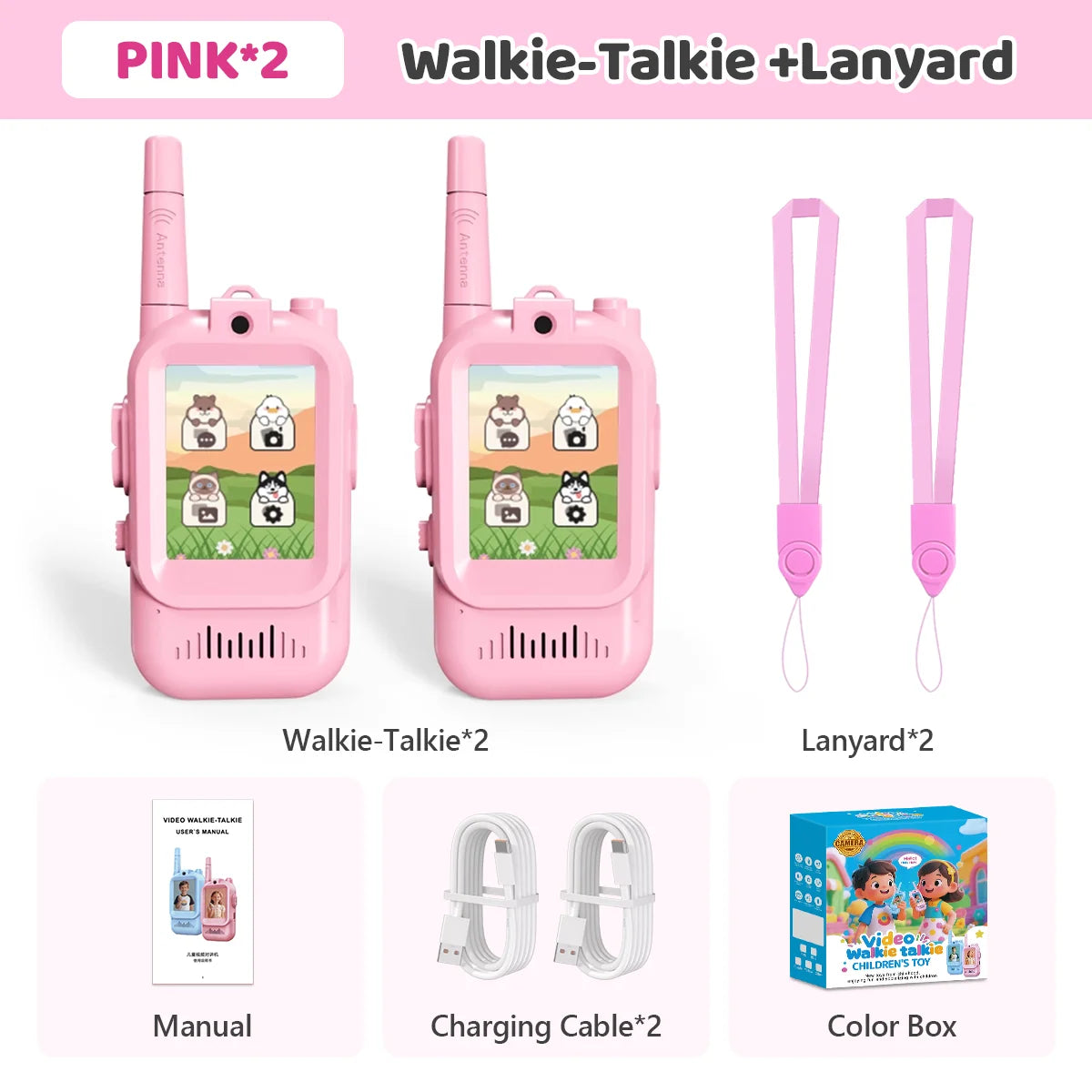 JCMO Video Walkie Talkies for Kids 2 Pack Funny Voice Change Rechargeable Toys for Indoor Camping Travel Birthday Gifts for Kids