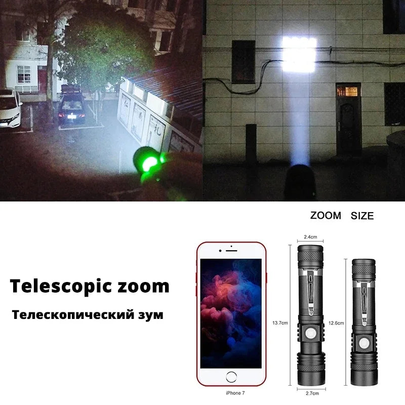 Outdoor Tactical Zoom Camping Waterproof Flash Light Aluminum Alloy Portable Torch Powerful LED Flashlight USB ReChargeable