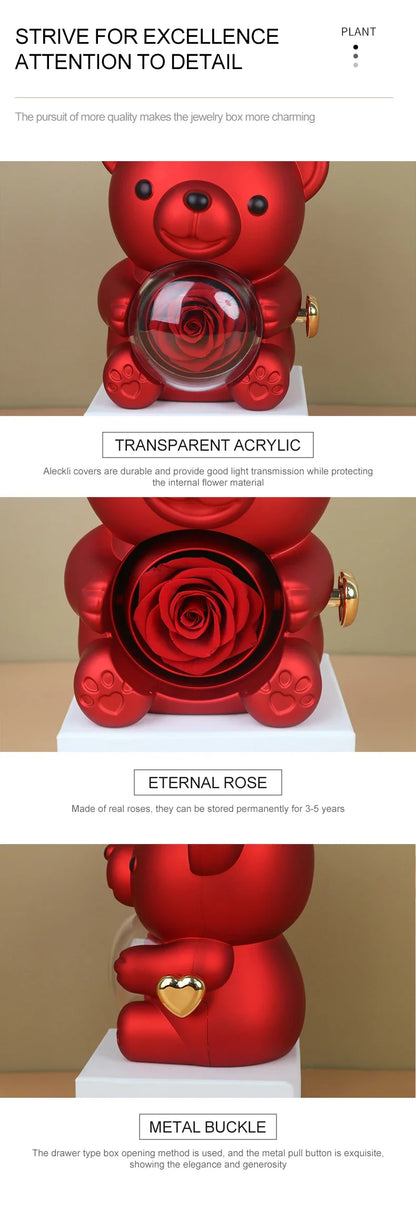 New Rotating Hugging Bear Rose Jewelry Box Eternal Flower Gift Box for Girl Mother's Day Valentine's Day Christmas Gift