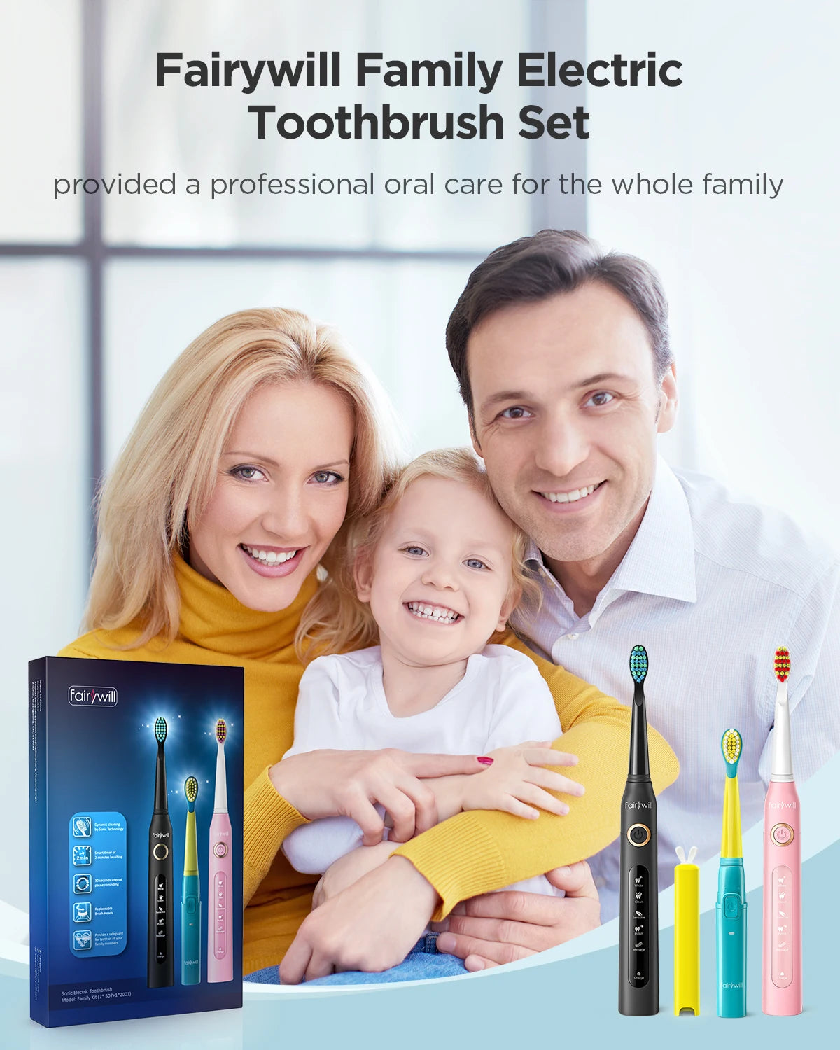 Fairywill 2001 Family Kids Sonic Electric Toothbrush Rechargeable Soft Tongue Cleaner Smart Timer and 3 Modes 4 Hours Charge