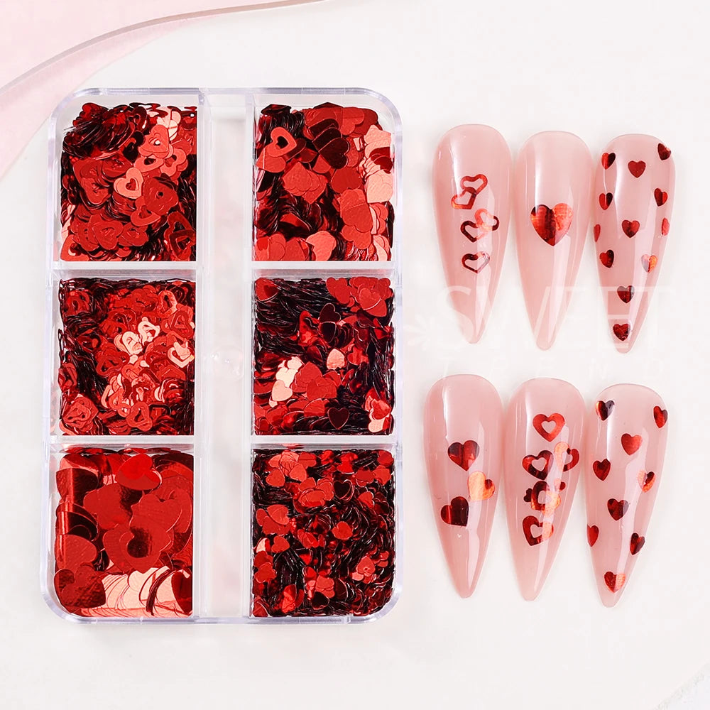 Red Love Heart Nail Glitter Sequin Mix Holographic Heart Shape 3D Nail Sequins Flakes Paillette Valentine's Day Manicure Decor