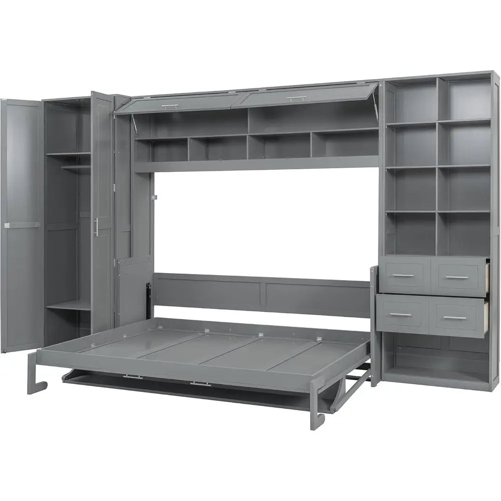 Grey Queen-Size Horizontal Murphy Bed with Desk, Storage Wardrobe, Drawers, and Shelves for Bedroom or Office
