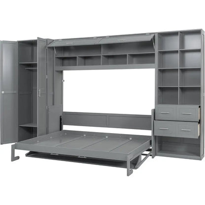 Grey Queen-Size Horizontal Murphy Bed with Desk, Storage Wardrobe, Drawers, and Shelves for Bedroom or Office