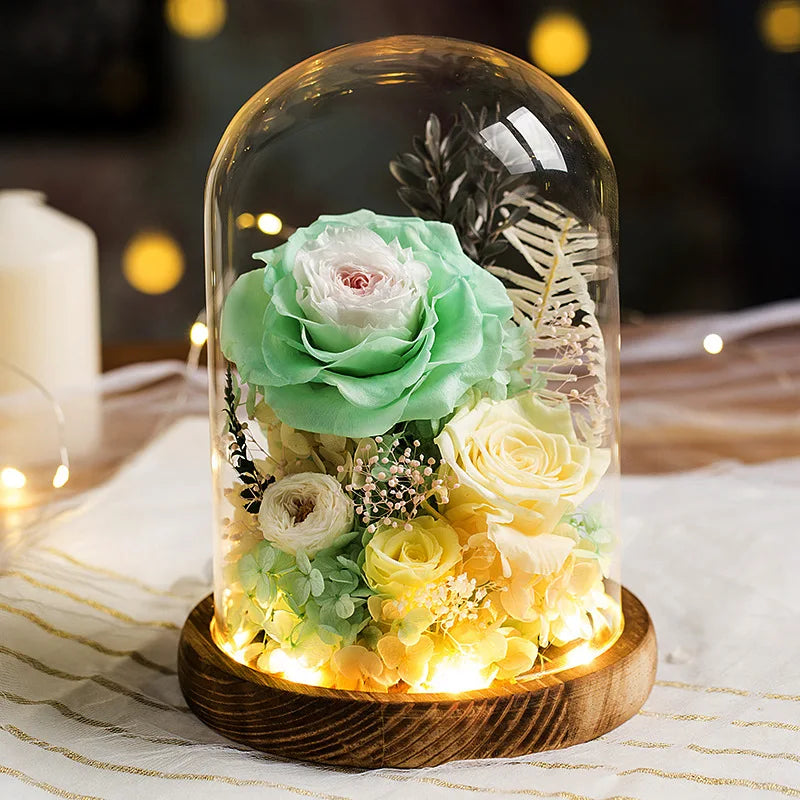 Eternal Flowers Preserved Rose In Glass Dome Cover Artificial Flower with Light Valentine's Day Christmas for Women Gift Box