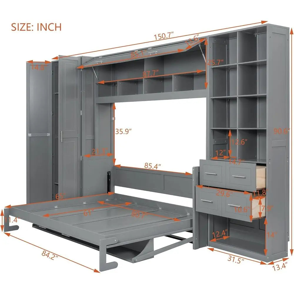 Grey Queen-Size Horizontal Murphy Bed with Desk, Storage Wardrobe, Drawers, and Shelves for Bedroom or Office
