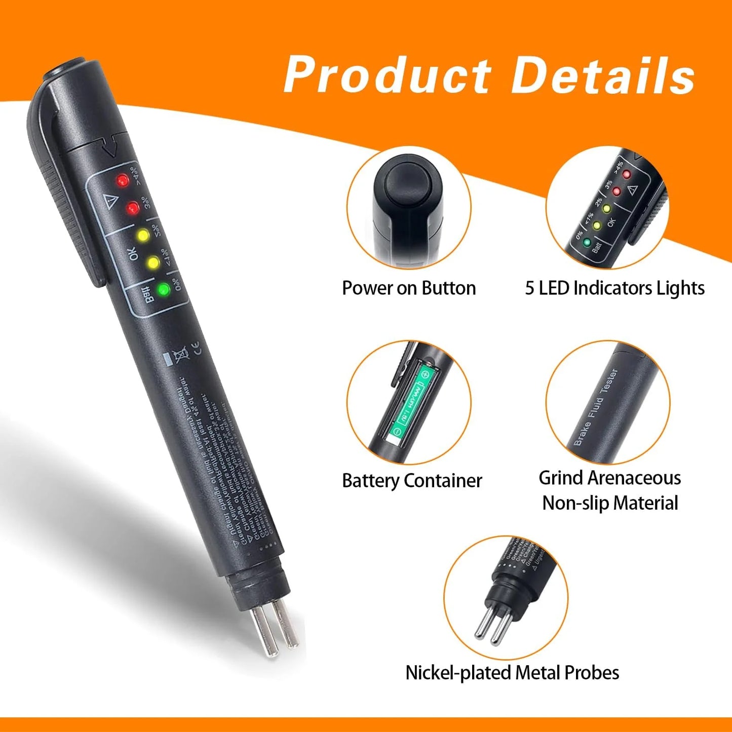 Car Brake Diagnostic Testing Tool Brake Fluid Tester Pen with 5 LED Indicators Hydraulic Fluid Liquid Oil Moisture Analyzer