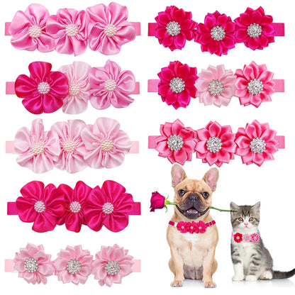 8PCS Valentine's Day Pet Decorate Bowtie with Diomand Grooming Flower Pink Dog Gifts for Small Dogs Accessories Wholesale