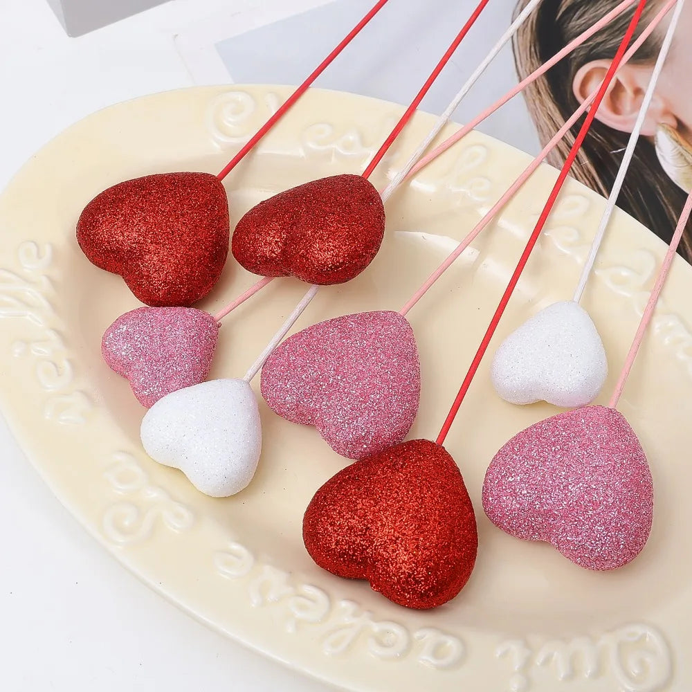 Glitter Foam Hearts Picks Stick Valentine's Day Flower Bouquet Home Vase Pick Wedding Cake Topper Decor Bouquet Glitter Ornament