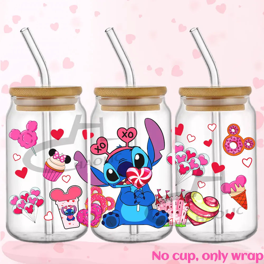 Valentine's Day Stitch 16oz UV DTF Cup Wrap Libbey Glass Can Tumbler UV Wrap Transfer Sticker Waterproof Adhesive Without Cup
