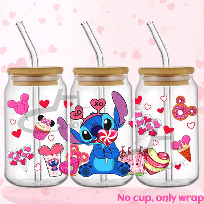 Valentine's Day Stitch 16oz UV DTF Cup Wrap Libbey Glass Can Tumbler UV Wrap Transfer Sticker Waterproof Adhesive Without Cup
