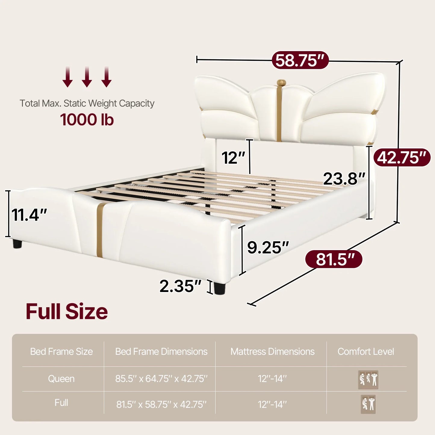 Queen Size Upholstered PU Leather Bed Frame with Butterfly HeadboardandFootboard, Modern Platform Bed with Gold Metal Accents, W