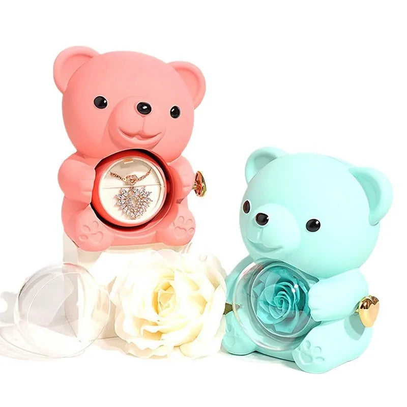 New Rotating Hugging Bear Rose Jewelry Box Eternal Flower Gift Box for Girl Mother's Day Valentine's Day Christmas Gift