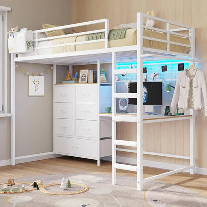 Twin Size Loft Bed with LShaped Desk and 7 Storage Drawers,Metal Twin Loft Bed for Kids with LED Lights and Charging Station,13.